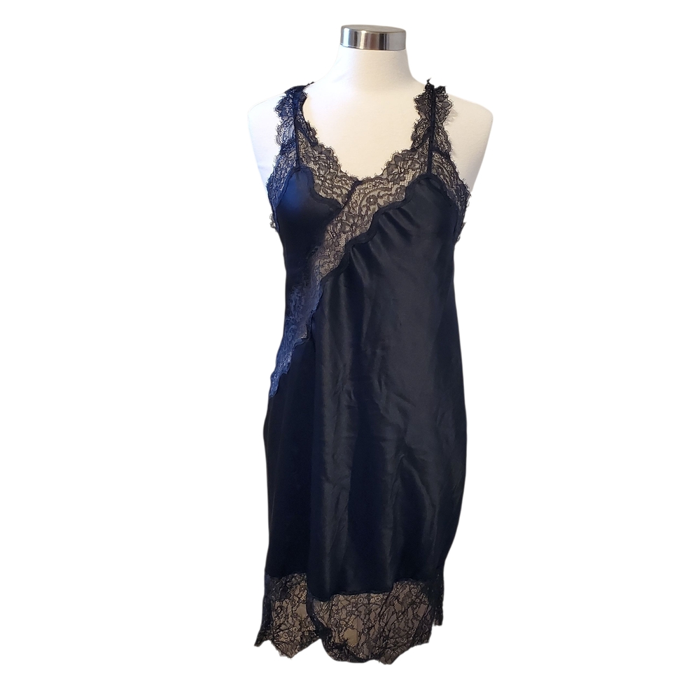 Victoria's Secret Vintage  Satin Nightgown Black Eyelash Lace Chemise